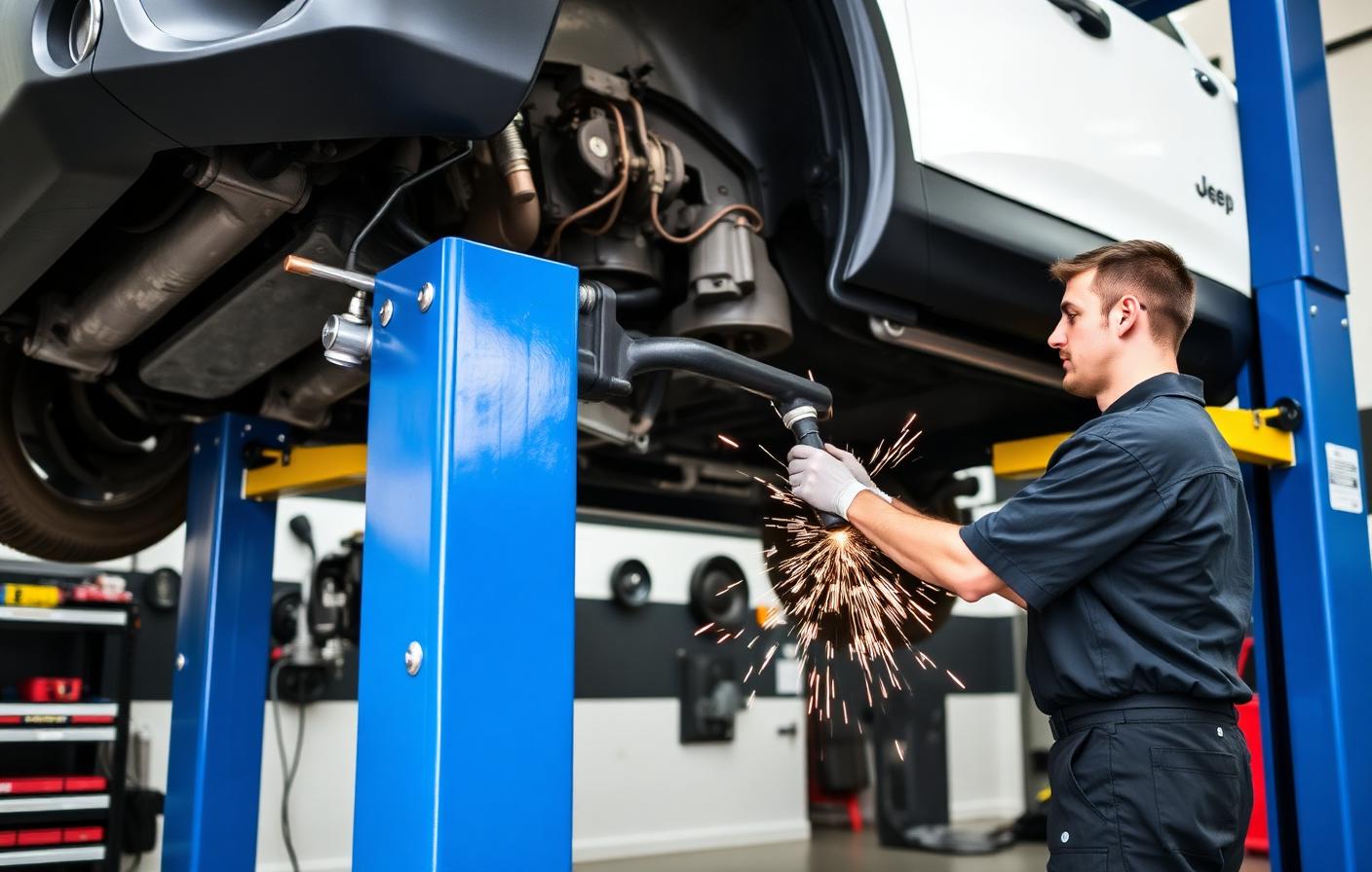An A&W technician grinding on a vehicle while a white Jeep is raised on a Rotary two-post lift in the shop